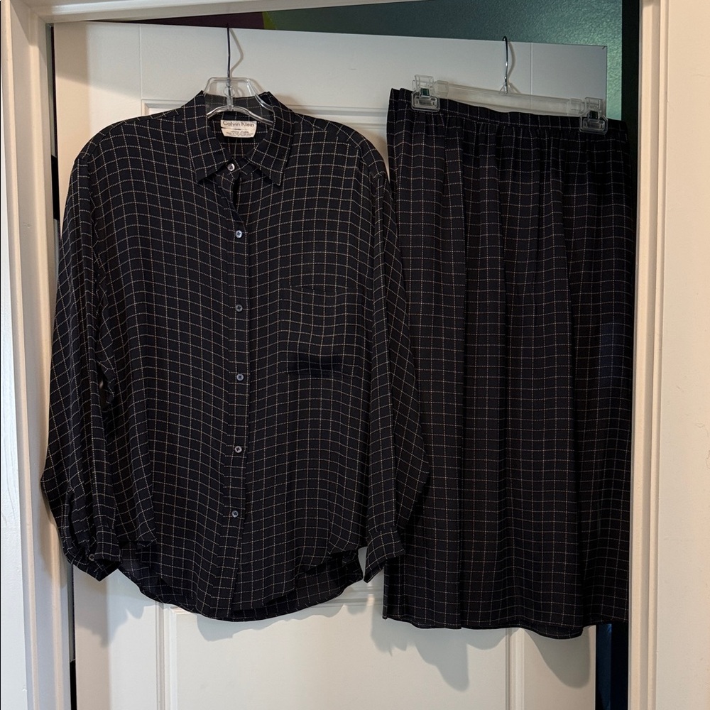 Calvin Klein Black Grid Silk Skirt Suit